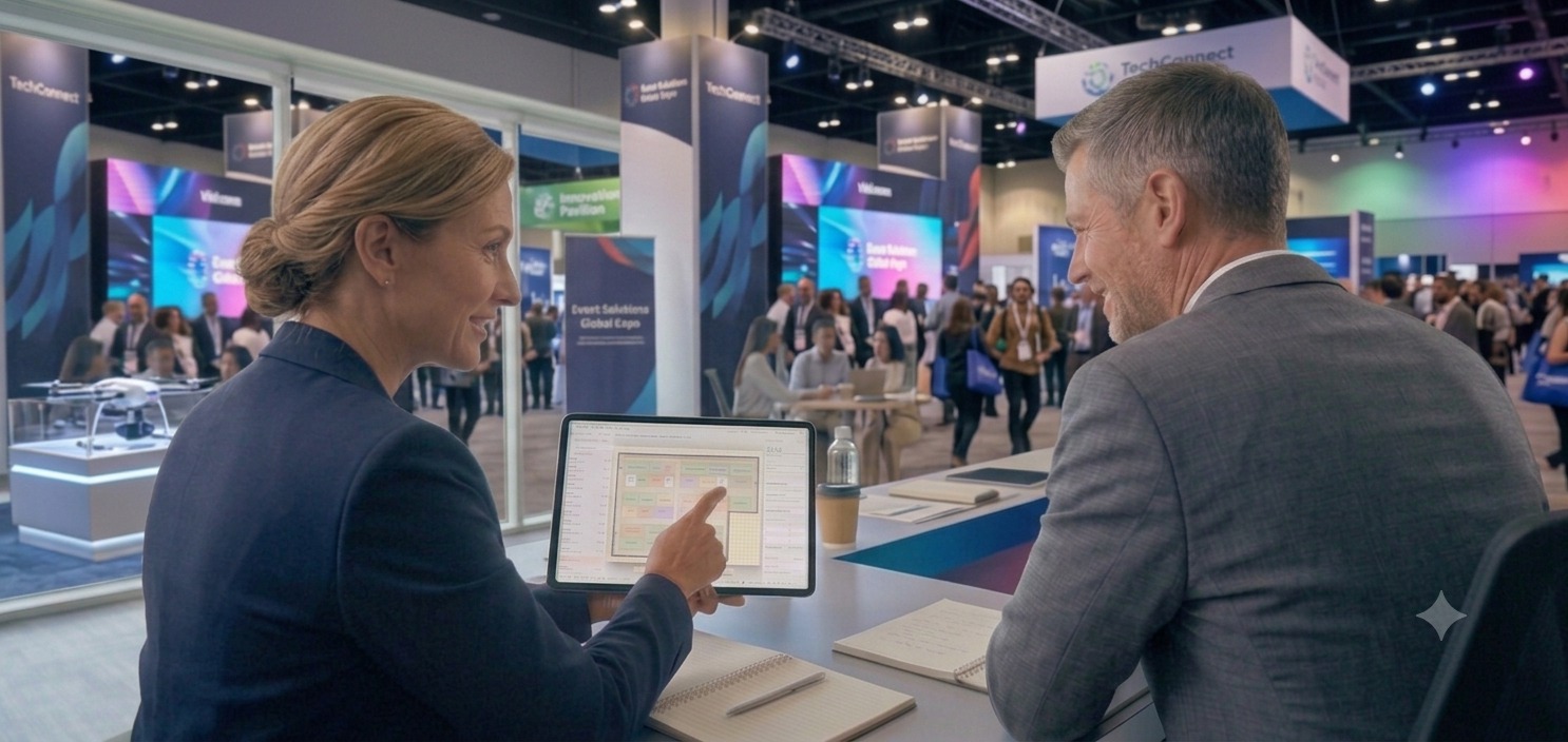 Two colleagues reviewing a live exhibition floor plan on a laptop